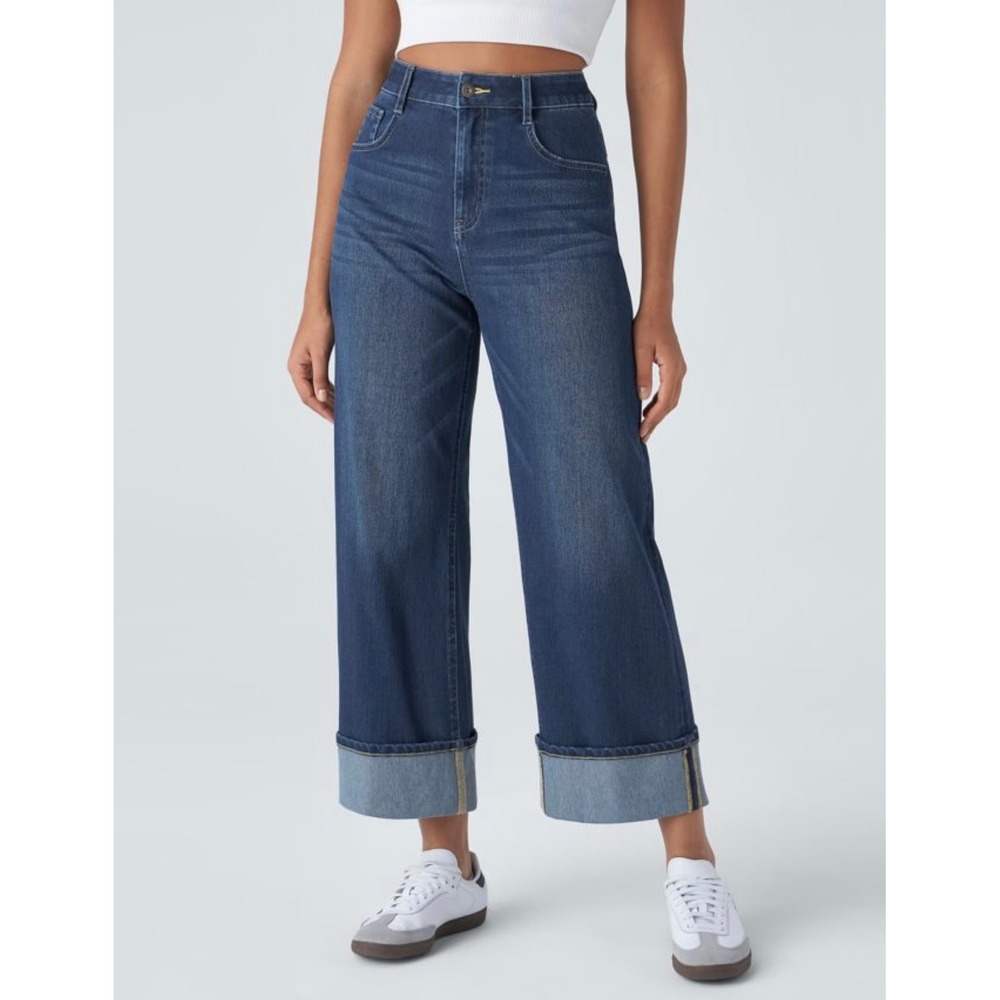 Halara Flex High‎ Waisted Wide Leg Jeans Large Rolled Hem Cropped Stretch Denim